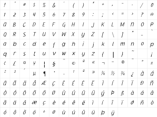 Jacoby ICG XLightItalic  glyph index
