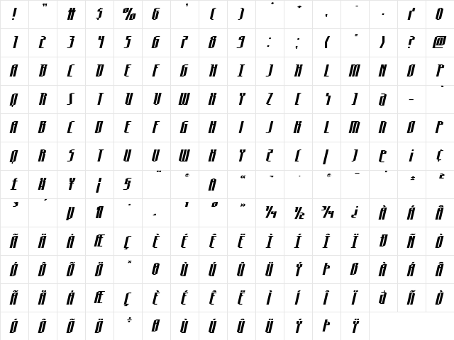 Hydronaut Expanded Italic Regular  glyph index