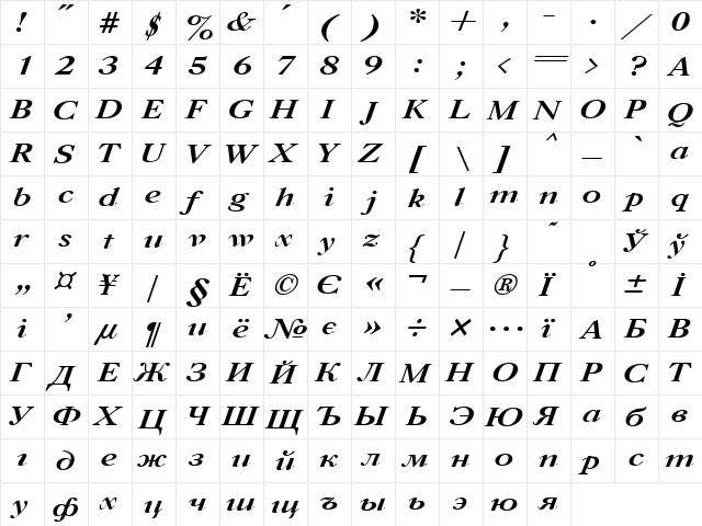 Uk_Caslon Bold Italic  glyph index