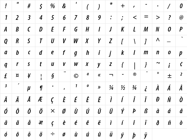 Myriad Semibold Condensed Italic  glyph index