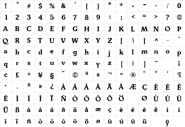 Kitchener SF Bold  glyph index