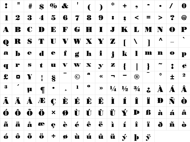 BodoniPoster Roman  glyph index