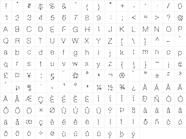 Sans couture Medium  glyph index