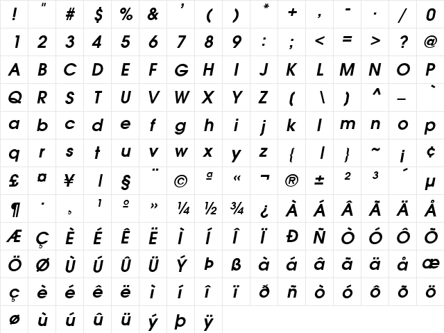 Avalon Bold Italic  glyph index