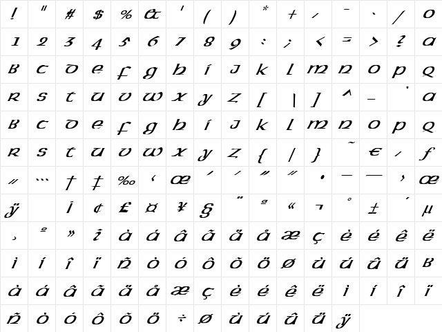 LateranItalic Regular  glyph index