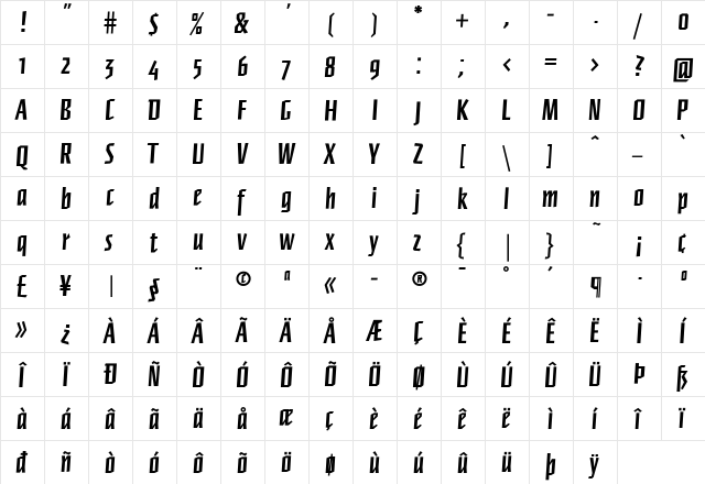 Newberlin Bold  glyph index