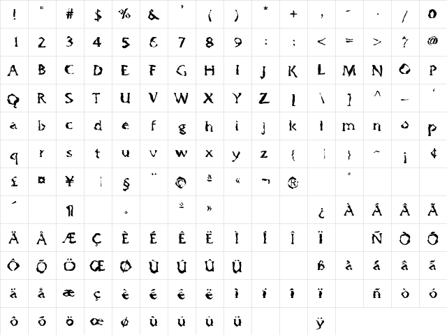 Gumbootcha Regular  glyph index