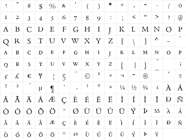 Bergamo-Caps Regular  glyph index