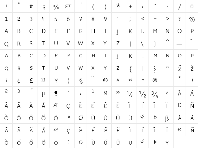 Roice-LightSC Regular  glyph index