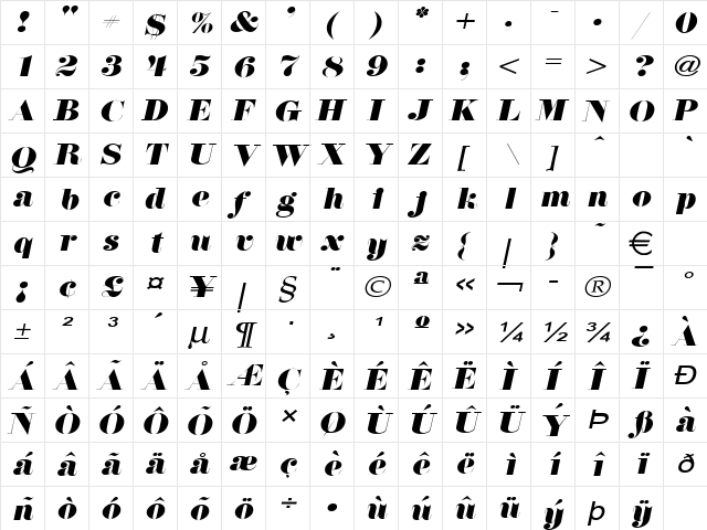 FloralWide Italic  glyph index