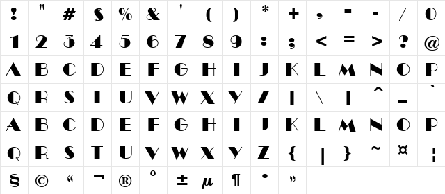 a_BentTitul Regular  glyph index