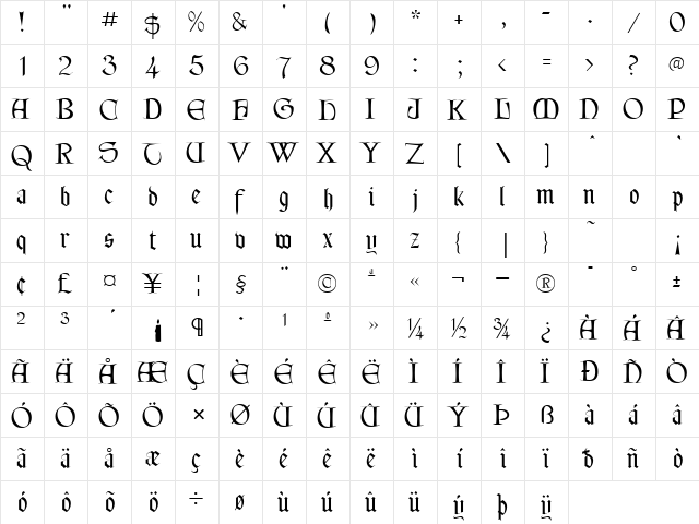 Lettergical Regular  glyph index