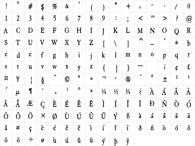 Elephant-Condensed Bold  glyph index