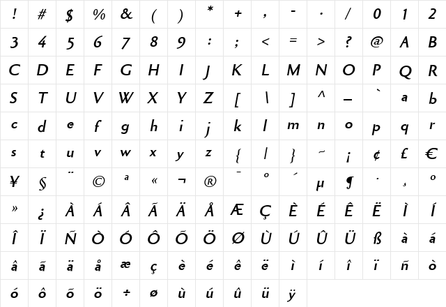Cimiez Bold Italic  glyph index