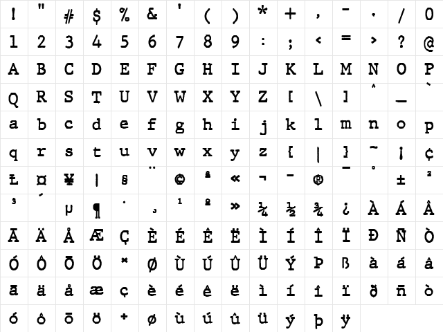 JMH Typewriter Bold  glyph index