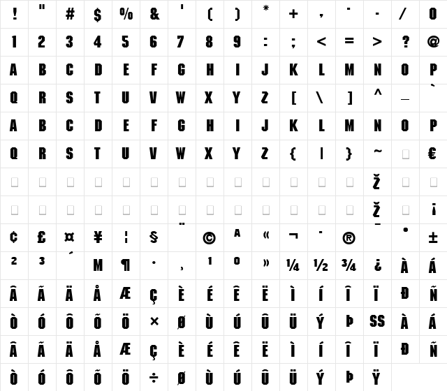 Machine LT Bold  glyph index