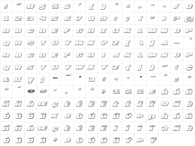 Bummer 3D Italic Italic  glyph index