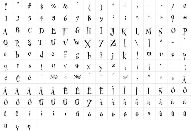 Mister Frisky Regular  glyph index