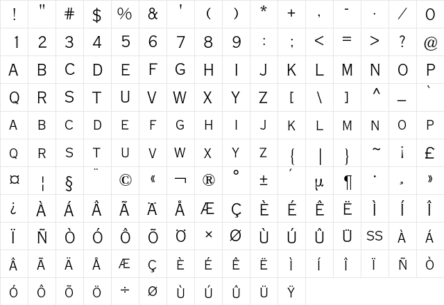 Copperplate BQ Regular  glyph index