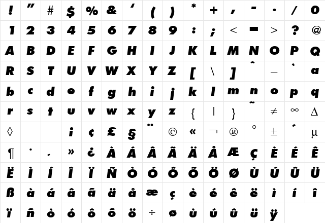 FunctionTwoExtrabold RegularItalic  glyph index