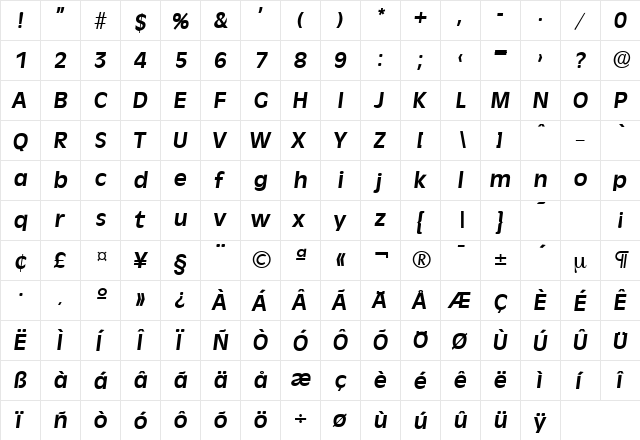 Ravenna-Serial BoldItalic  glyph index