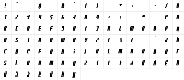 Glaring Italic  glyph index