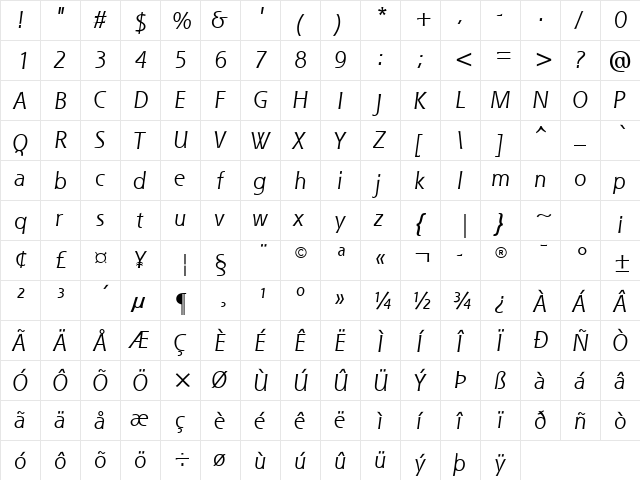 Misty Mountain 2 Italic  glyph index