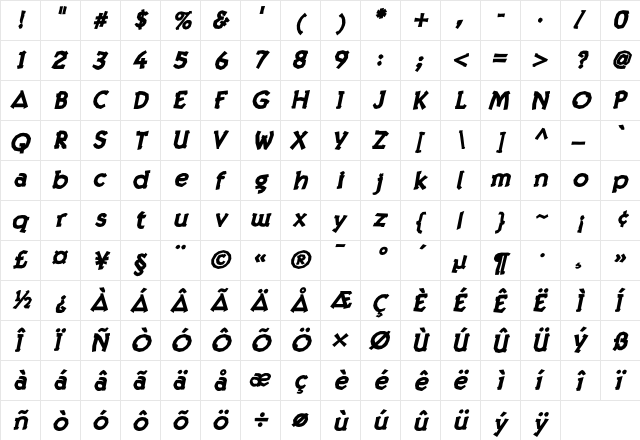 Twig Black Oblique Regular  glyph index