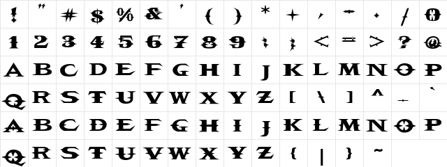 VTCBelialsBlade Regular  glyph index