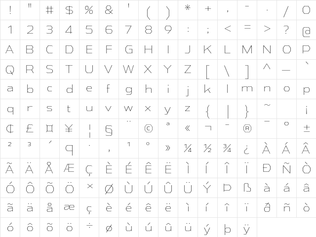 Athabasca ExtraLight  glyph index