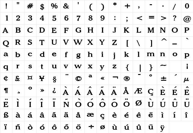 Chelsey Wide Bold  glyph index