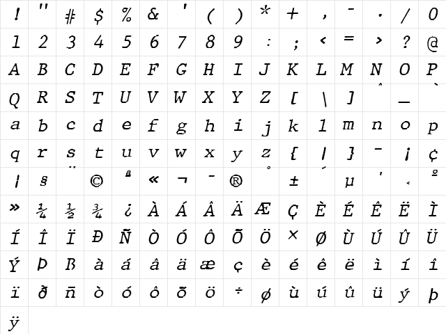 JMH Typewriter mono Italic  glyph index