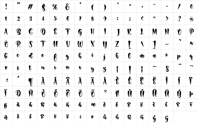 Bonita Regular  glyph index