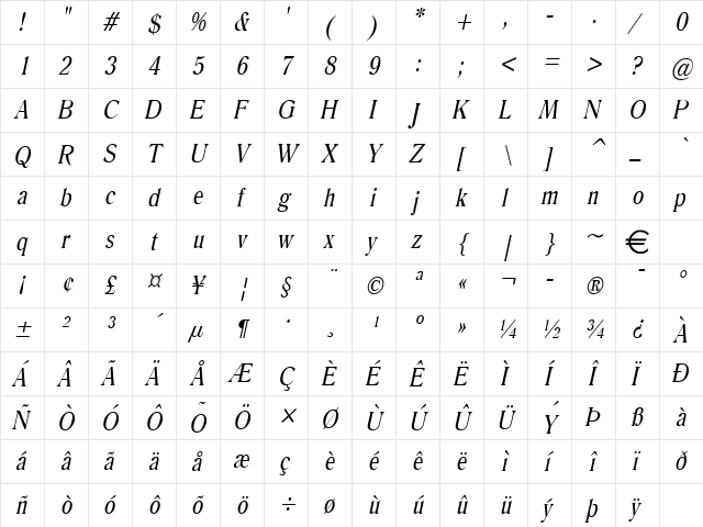 RoomyCondensed Italic  glyph index