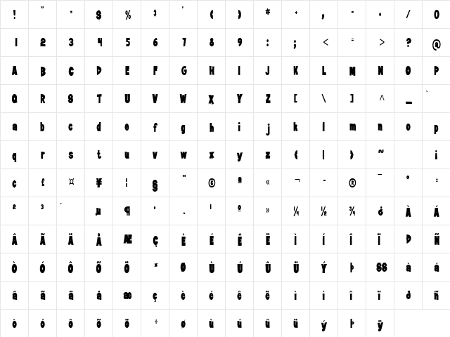 JiffyCondensed Regular  glyph index