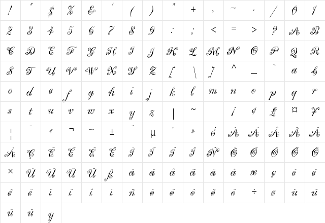 Marguerita Std Regular  glyph index