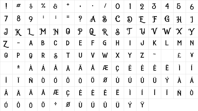 Darktown Regular  glyph index