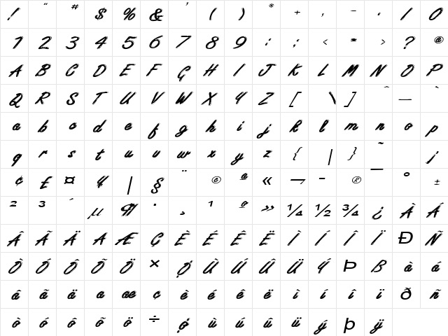 Encino Wide Italic  glyph index