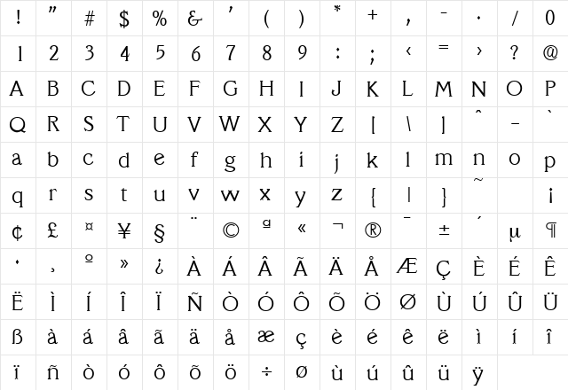 Veracruz-Serial-Light Regular  glyph index