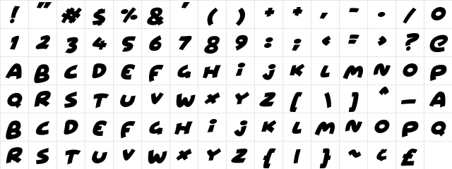Wowsers Italic  glyph index