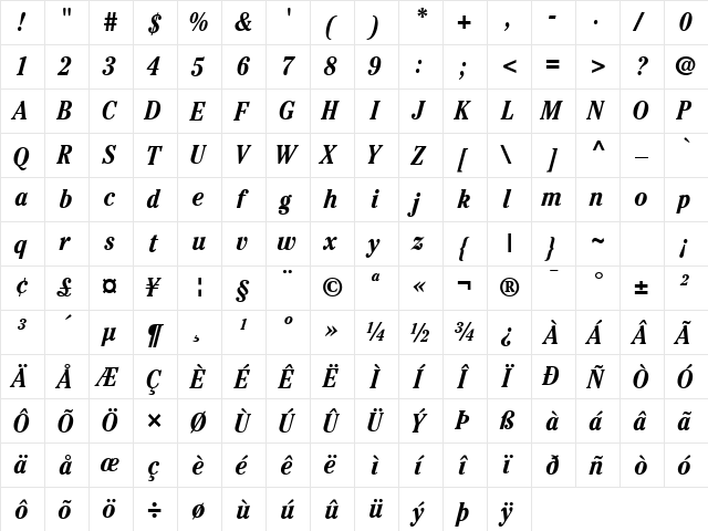 Cheltenham Condensed SSi Bold Condensed Italic  glyph index