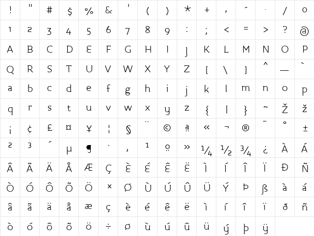 Roice-Light Regular  glyph index