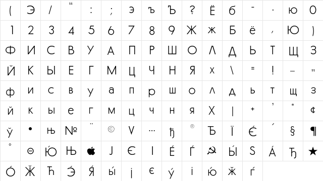 GlasnostLight Regular  glyph index