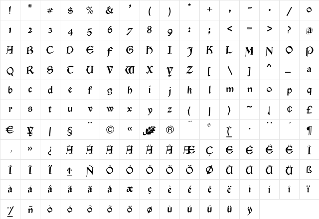 GoldenSwing Regular  glyph index