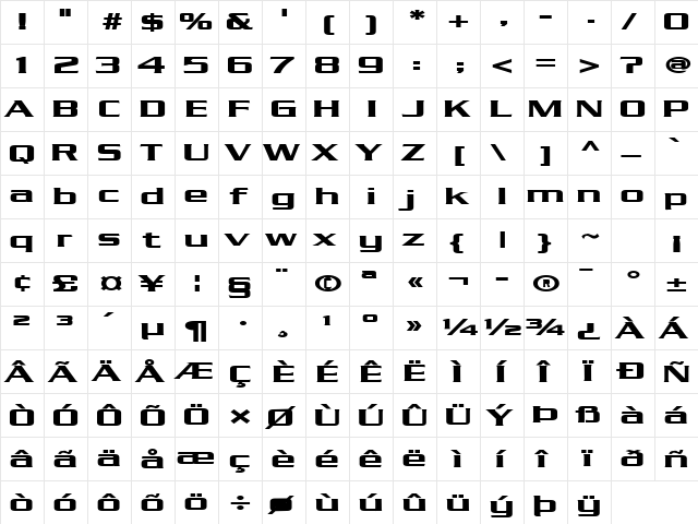 Chaney Extended Bold  glyph index