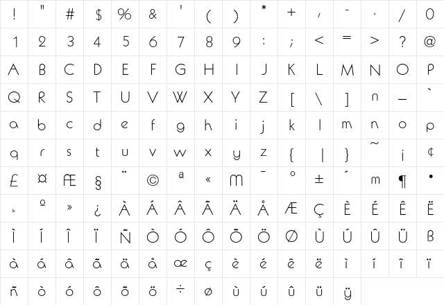 Avalon Light  glyph index