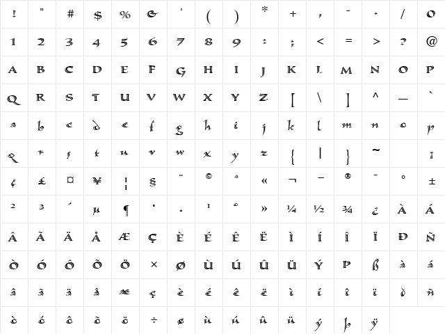 Calligraphica Regular  glyph index