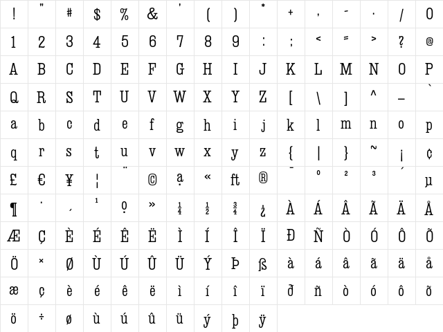 Deadwood Singlewide Light  glyph index