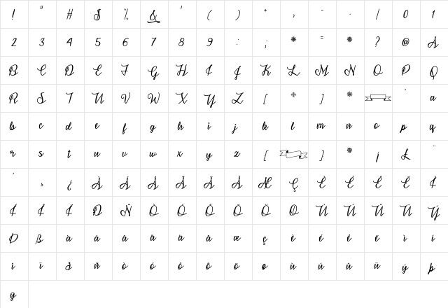 Snowflake Calligraphy Regular  glyph index