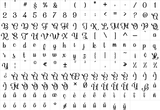 Bedfore Script Regular  glyph index
